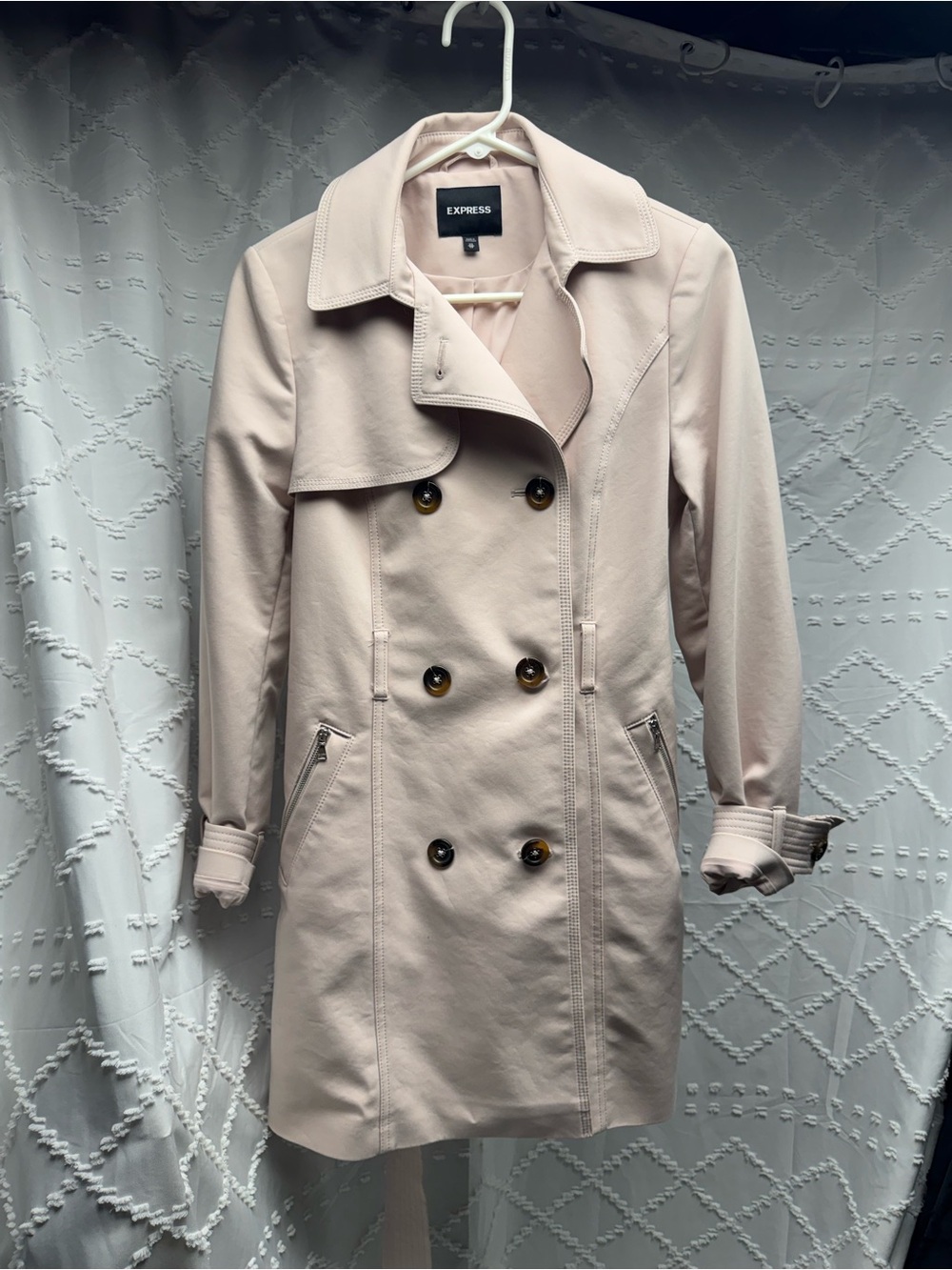 Express Pink Double-Breasted
Trench Coat with Belt and Zipper Pockets XS